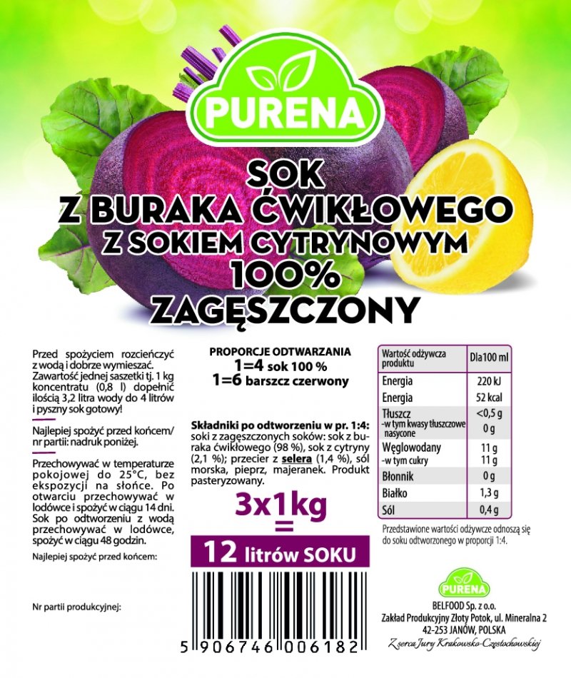 Sok z buraka 100% zagęszczony 1kg x 3sztuki  na 12l