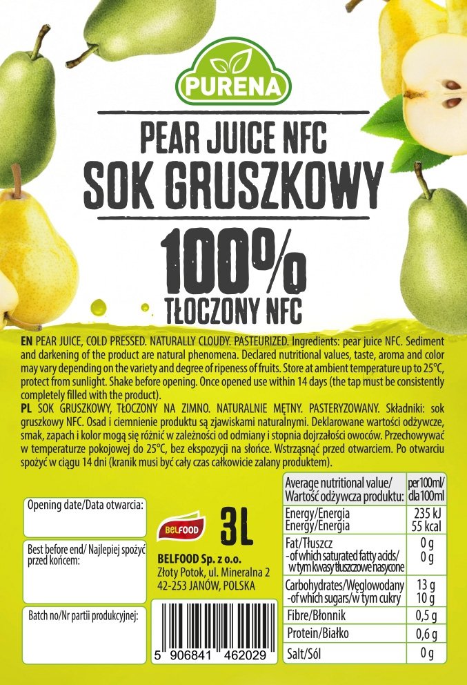 Sok gruszkowy 100% tłoczony na zimno NFC PURENA 3 L