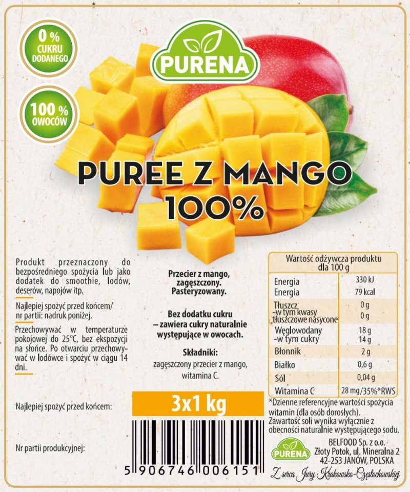 Pulpa puree przecier 100% bez cukru z mango 3x1kg