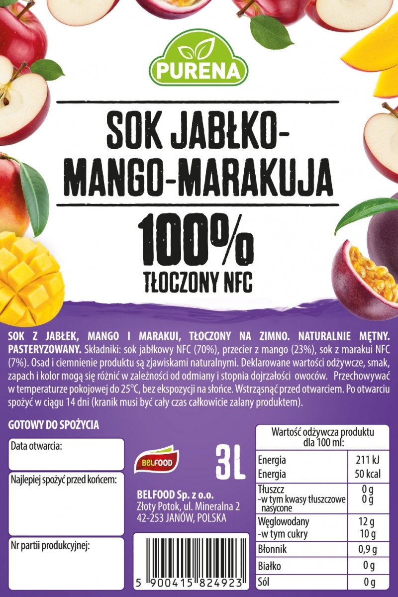 Sok jabłko-mango-marakuja 100% tłoczony NFC PURENA 3 L