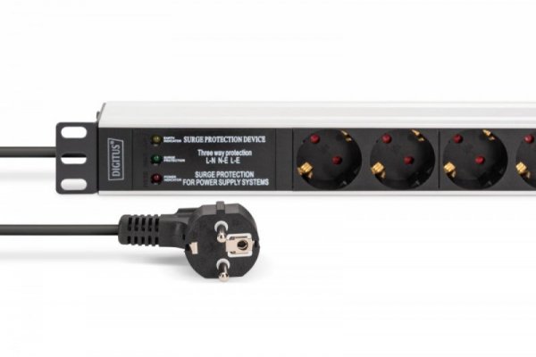 Digitus Listwa zasilająca PDU Rack 19" z zabezpieczeniem przeciwprzepięciowym + filtr EMI/RFI, 7 gniazd Schuko CEE 7/3, kabel 2m, wtyk Unischuko CEE 7/7, 16A,