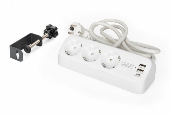 Digitus Listwa zasilająca biurkowa, 3 gniazda Schuko, 2x USB-A (2x 12W), 1x USB-C (30W) z zaciskiem na blat, kabel 1,5m, biała