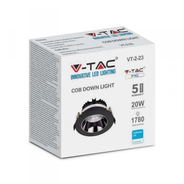 Oprawa Downlight V-TAC SAMSUNG CHIP 20W Czarna Uchylna VT-2-13 6400K 1780lm 5 Lat Gwarancji