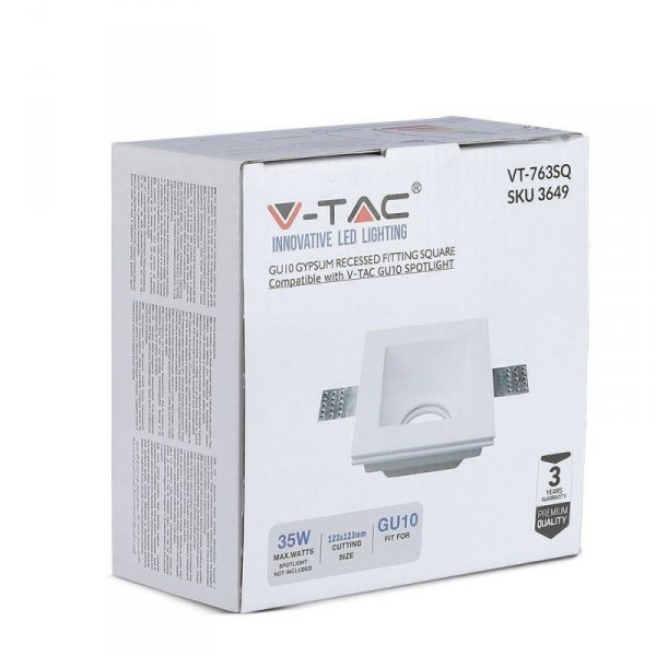 Oczko V-TAC GIPS GU10 Wpuszczane Kwadrat 120x120 Białe VT-763