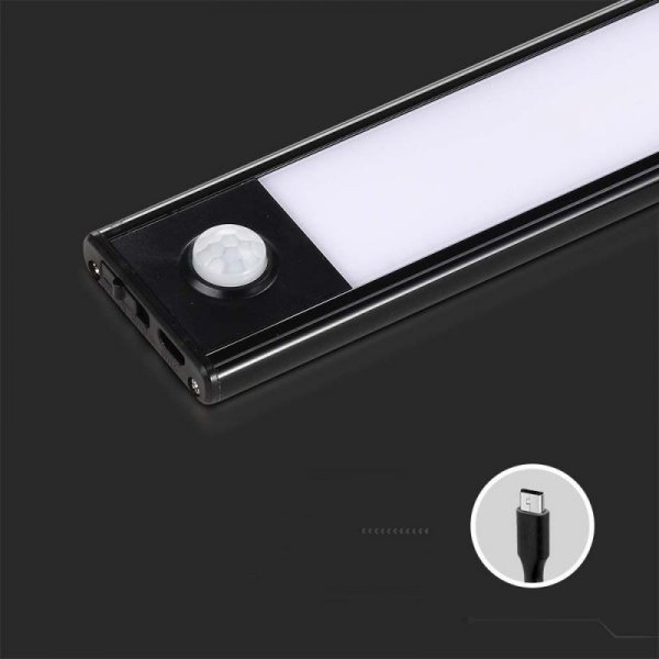 Oprawa podszafkowa V-TAC 1,5W LED czarna czujnik ruchu ładowanie USB 30cm VT-8141 3000K 110lm