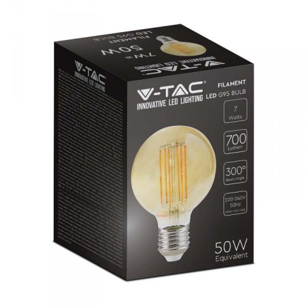 Żarówka LED V-TAC 7W Filament E27 Kula Glob G95 Bursztyn 95x138mm VT-2027 2200K 700lm