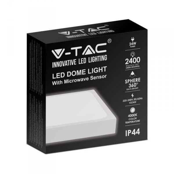 Plafon V-TAC 24W LED Kwadrat IP44 Czujnik Ruchu Mikrofalowy 30x30cm Biały VT-8624SW-SQ 4000K 2400lm