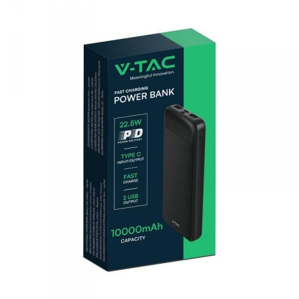 Power Bank V-TAC 10000mAh Czarny 2xUSB Type C SZYBKI 22,5W V-TAC VT-10005-B