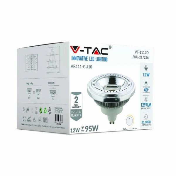 Żarówka LED V-TAC AR111 12W GU10 40st COB ściemnialna VT-1112 4000K 1031lm