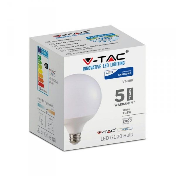 Żarówka LED V-TAC SAMSUNG CHIP 18W E27 Kula Glob G120 VT-288 6400K 2000lm 5 Lat Gwarancji