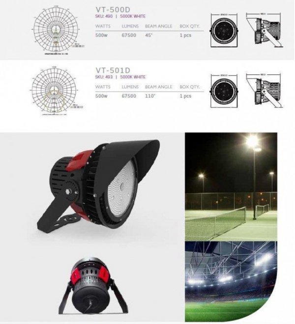 Projektor LED V-TAC 500W SAMSUNG CHIP Sports Light 45st Ściemnialny Zas. Mean Well VT-500D 5000K 67500lm 5 Lat Gwarancji