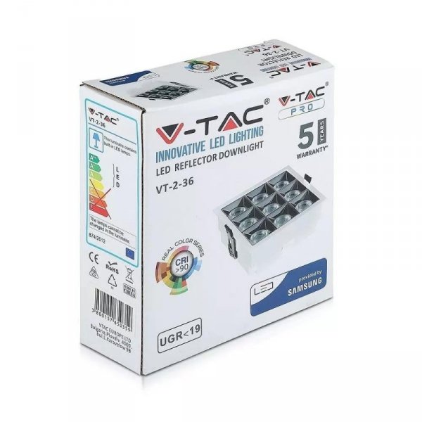 Oprawa V-TAC Downlight SAMSUNG CHIP 36W UGR19 CRI90+ 12st VT-2-36 2700K 2880lm 5 Lat Gwarancji