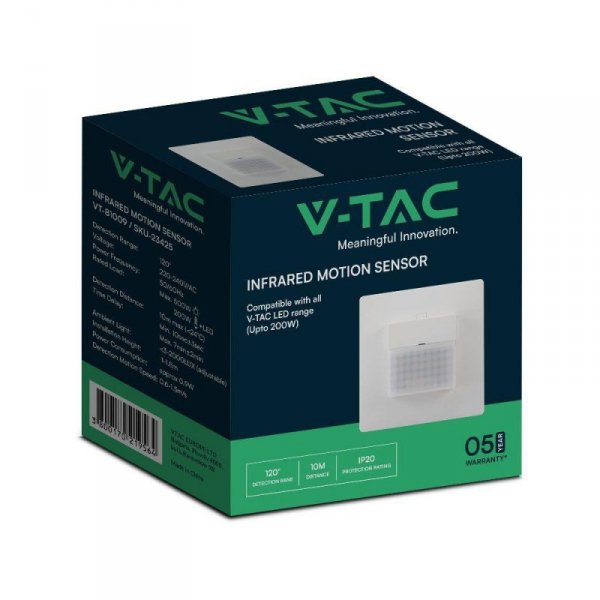 Czujnik ruchu podtynkowy IR 200W podczerwień V-TAC biały VT-81009 5 lat gwarancji