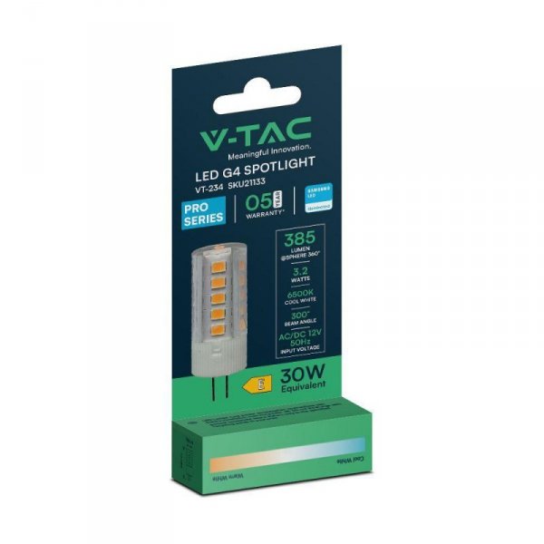 Żarówka LED V-TAC SAMSUNG CHIP 3.2W G4 12V VT-234 6500K 385lm 5 Lat Gwarancji
