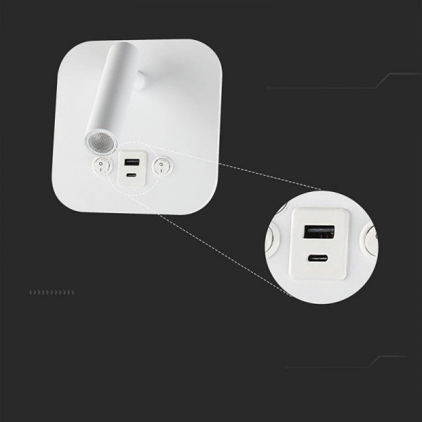 Oprawa LED V-TAC 8W COB CREE kinkiet biały hotel łóżko USB+USB C włącznik VT-80068-W 3000K 830lm 2 Lata gwarancji
