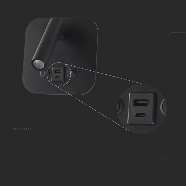 Oprawa LED V-TAC 8W COB CREE kinkiet czarny hotel łóżko USB+USB C włącznik VT-80068-B 3000K 830lm 2 Lata gwarancji