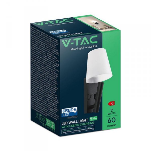 Oprawa LED V-TAC 2W COB CREE kinkiet czarny hotel łóżko USB+USB C klosz VT-88062-B 3000K 60lm