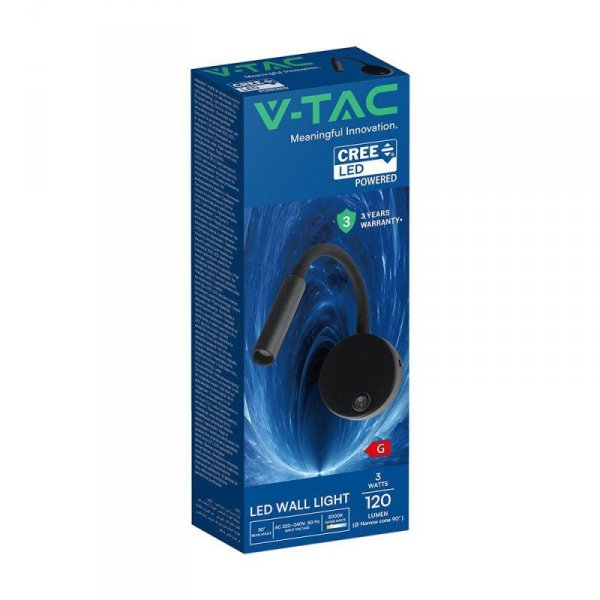 Oprawa LED V-TAC 3W CREE CHIP kinkiet czarny hotel łóżko włącznik VT-88063 3000K 120lm 3 lata gwarancji