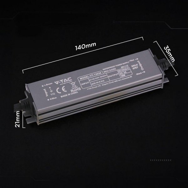 Zasilacz do LED hermetyczny SLIM V-TAC 36W 12V 3A IP67 filtr EMI VT-13036