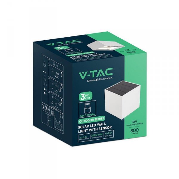 Oprawa ścienna solarna/USB V-TAC 9W LED COB biała kostka 15x15cm IP65 czujnik ruchu VT-409CCT 3000K-4000K-5000K 800lm