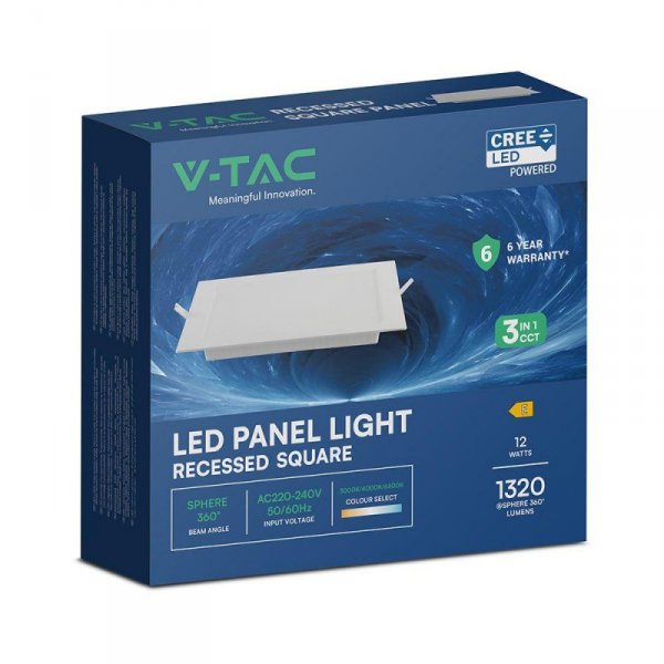 Panel wpuszczany downlight V-TAC 12W LED CREE CHIP kwadrat 170x170mm VT-61012CCT 3000K-4000K-6500K 1320lm 6 lat gwarancji