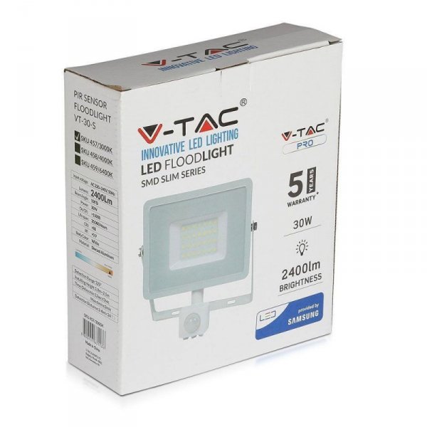 Projektor LED V-TAC 30W SAMSUNG CHIP Czujnik Ruchu Funkcja Cut-OFF Biały VT-30-S 4000K 2400lm 5 Lat Gwarancji