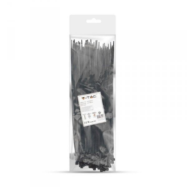 Opaski zaciskowe V-TAC 4.5x300mm czarna 22kg Nylon66 (opak. 100szt)