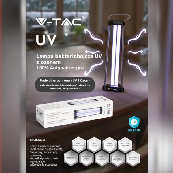 Lampa Bakteriobójcza Wirusobójcza 38W 60m2 UVC OZON V-TAC VT-3238 2 Lata Gwarancji