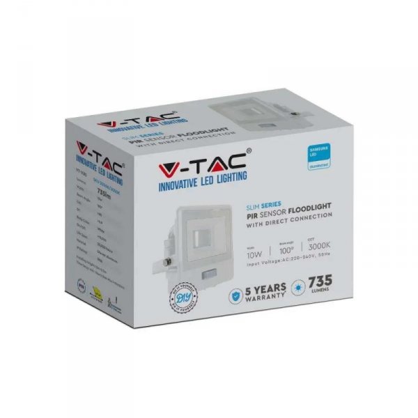 Projektor LED V-TAC 10W SAMSUNG CHIP czujnik ruchu biały Z mufą VT-118S 6500K 735lm 5 lat gwarancji