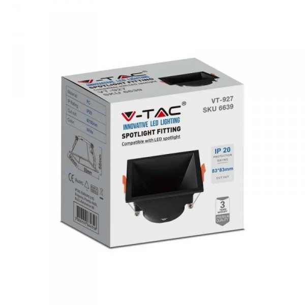 Oczko V-TAC GU10 wpuszczane głębokie kwadrat czarne VT-927 3 lata gwarancji