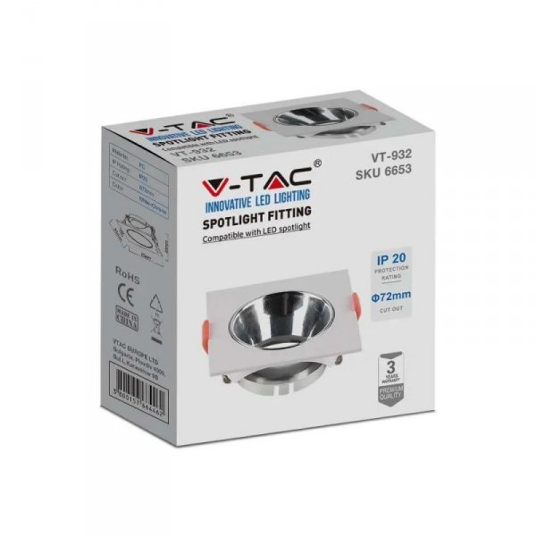 Oczko V-TAC GU10 Wpuszczane Kwadrat Białe/Chrom VT-932 3 Lata Gwarancji