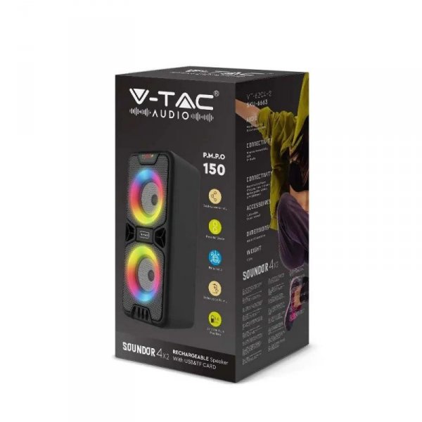 Głośnik Przenośny V-TAC 41cm, 2x10W, USB, Micro SD, RGB, FM VT-6204
