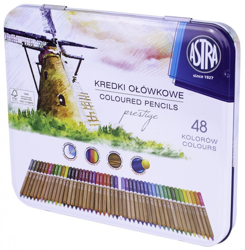 Kredki akwarelowe z drewna cedrowego prestige Astra w metalowym pudełku 48 kolorów