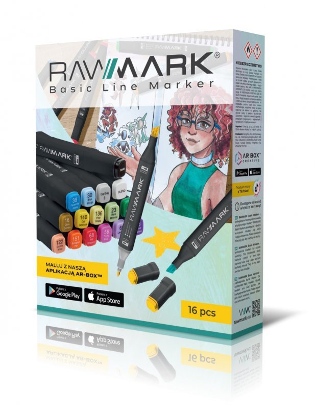 Promarkery alkoholowe Rawmark Basic, 16 kolorów UNIVERSAL, w opakowaniu ekspozycyjnym