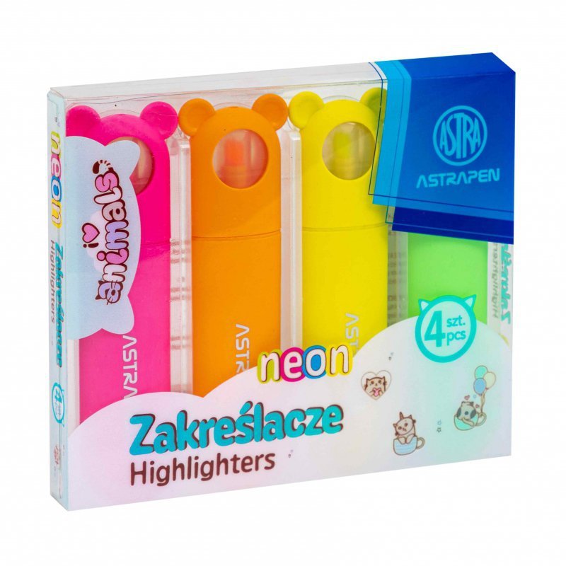 Zakreślacze z uszkami Astrapen Animals neon 4 kolory