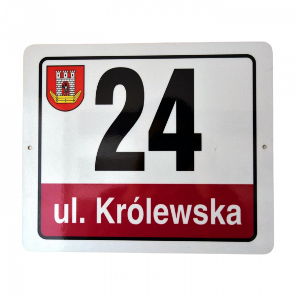 Aluminiowa tablica adresowa z herbem miejscowości 30x25 cm, trwała i czytelna tablica numeru domu