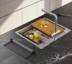 Quadron BURT 100 Workstation SteelQ zlewozmywak 1-komorowy b/o stal szlachetna 580*485 mm + syfon push to open + dozownik stal szcz. + wkładka ociekowa+ Qmata + deska drewniana + nakładka MF5850BS