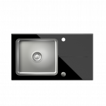 QUADRON HUGH 111 komora stalowa z czarnym blatem szklanym z syfonem i zaślepką (770x440/R35) + KATE SteelQ stalowa bateria kuchenna stal szczotkowana