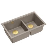 QUADRON | LOGAN 120 | granitowy zlewozmywak kuchenny SOFT TAUPE + ZŁOTO PVD | wymiar: 76 x 45 x 23,5 cm | 2-komorowy podwieszany | podbudowa szafki od: 80 cm HQL7645U4PVDG1U