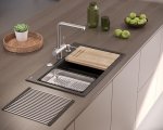 Quadron MARC 120 WORKSTATION GraniteQ zlewozmywak 2-komorowy 760*500*235 mm soft taupe + syfon push to open + dozownik + deska + wkładka / elementy miedziane HQC7650U4PVDC1