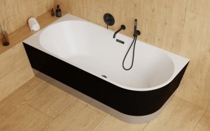 Besco Zoya B&W Matt wanna wolnostojąca 150 Lewa czarny mat/biały połysk + maskownica syfonu z przelewem gun metal WAS150ZMLG