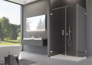 Ronal Sanswiss drzwi jednoczęściowe ze ścianką stałą w linii 160,1-200x0-200 cm, szkło Durlux 200, profile chrom PU31PDSM41022