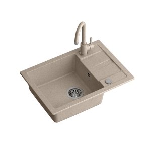 Quadron Zestaw GO-SMART zlewozmywak granitowy z baterią i deską – jednokomorowy, wpuszczany, beżowy/elementy stalowe, bateria w kolorze, deska bambusowa TQ6244GSBEZ