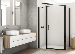 Ronal drzwi wahadłowe jednoczęściowe ze ścianką stałą w linii 100x200 cm, szkło przezroczyste, profile BLACK LINE czarny mat D22T31070300607