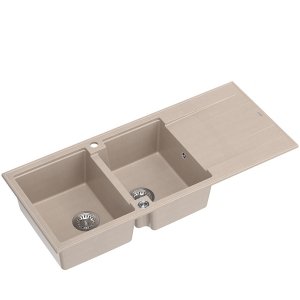 Quadron EVAN 121 GraniteQ zlewozmywak z syfonem Push To Open 2-komorowy z/o (1160x500x210; kom. 420x340) pearl beige / elementy stalowe HQE11650U2BSP2O