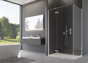 Ronal Sanswiss drzwi jednoczęściowe ze ścianką stałą w linii 90x200 cm, szkło pas satynowy poziomy, profile chrom PU13PD0901051