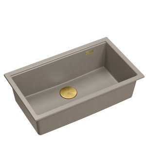 Quadron LOGAN 110 GraniteQ zlewozmywak soft taupe 76x44x23,5 cm 1-komorowy podwieszany z syfonem manualnym złoty HQD7644U4PVDG1U