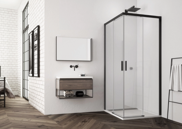 Ronal wejście narożne lewe z drzwiami rozsuwanymi, kabina asymetryczna 75x200 cm, szkło przezroczyste, profile BLACK LINE czarny mat TLSG0750607