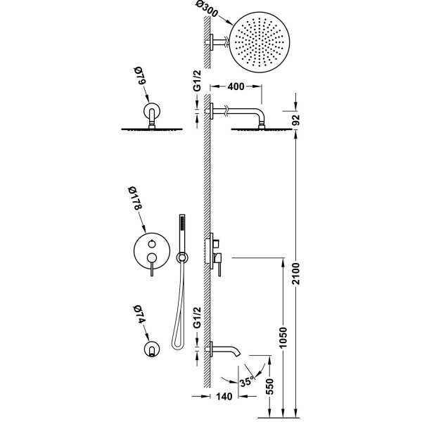 Tres STUDY Zestaw baterii jednouchwytowej podtynkowej 3-drożnej Rapid-box prysznicowej 26237302VO