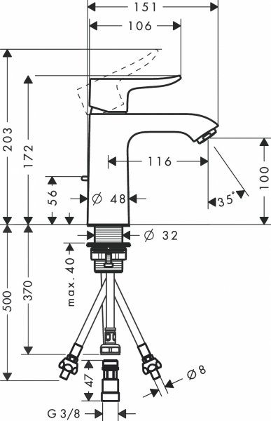 31074000 Hansgrohe Metris Jednouchwytowa bateria umywalkowa 110 LowPressure do bezciśnieniowych podgrzewaczy wody z kompletem odpływowym z cięgłem